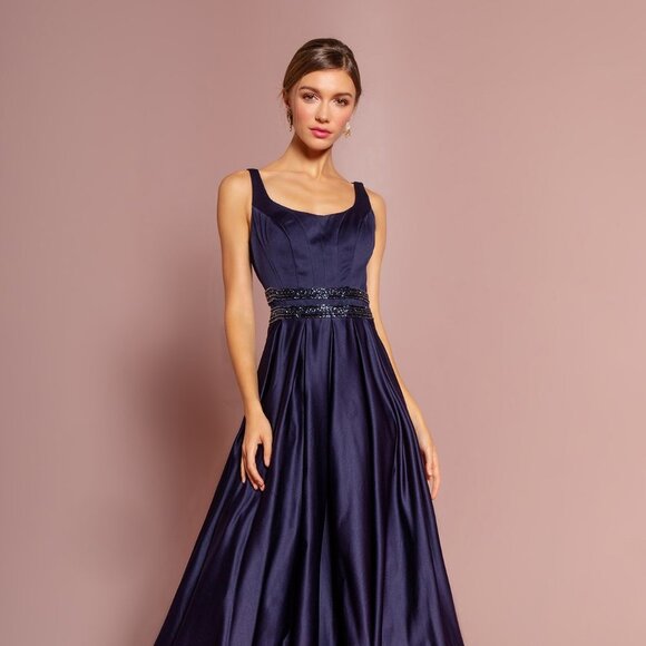 GLS Collective Dresses & Skirts - NEW LONG SLEEVELESS A-LINE SATIN DRESS WITH SCOOP NECKLINE AND SHEER BACK GL2531